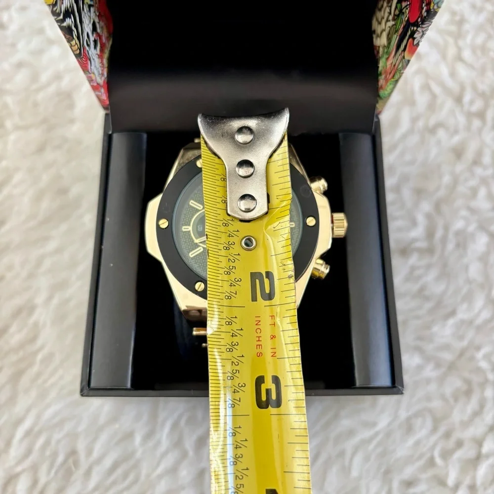 Ed Hardy Gold/Black belt Men's Chronograph Green Dial Black bezel Watch in box